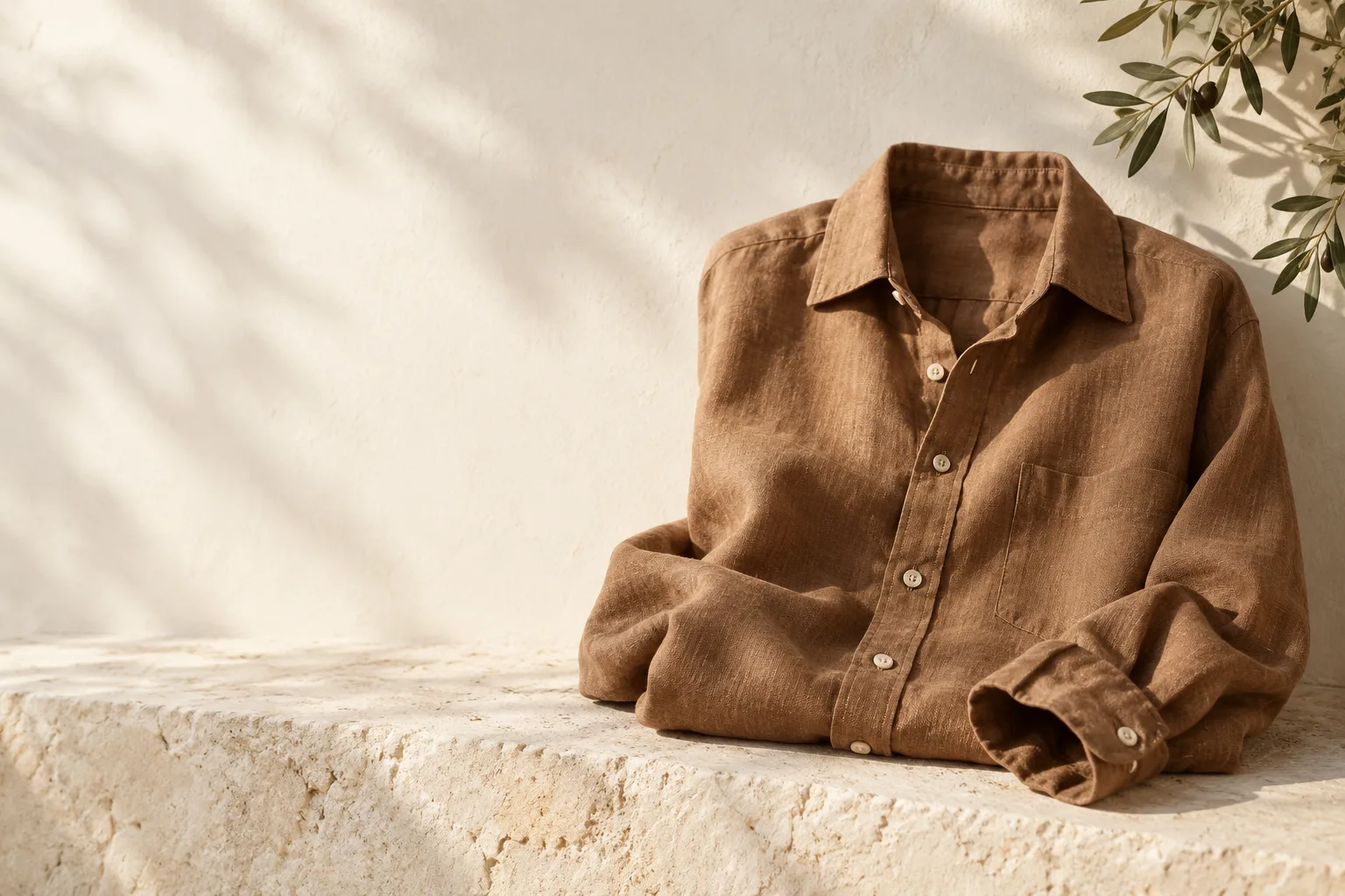 Fictional caramel linen overshirt on a stone ledge